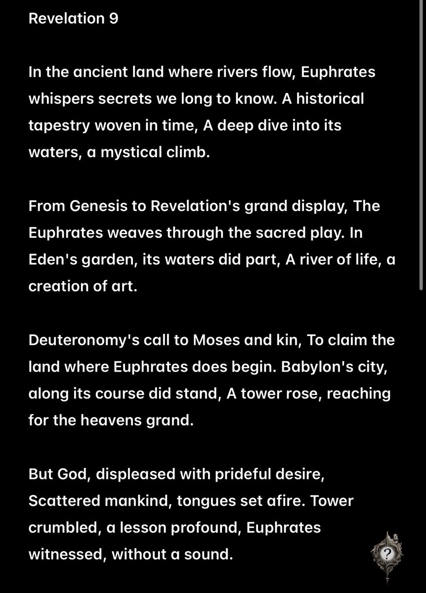interrogania's tweet photo. Revelation 9
In the #ancient land where rivers flow, #Euphrates whispers secrets we long to know. A historical tapestry woven in time, A deep dive into its waters, a mystical climbโฆ
#PoetryCommunity #poetrylovers #interrogania #origonal #truth #vsspoem #vss365 https://t.co/FgzFsudyF3