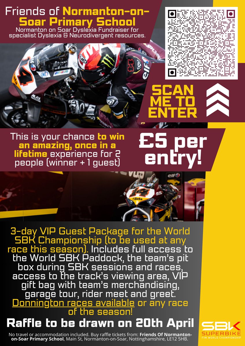 My son's school has put on an amazing raffle to raise money for dyslexia friendly resources. The prize is for a 3 day VIP package for the world SBK championships. 

raffall.com/355198/enter-r…