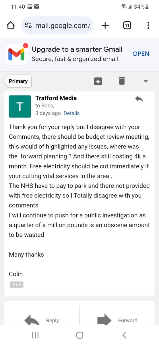 MediaTrafford's tweet photo. This is Tom Ross Leader of Trafford Councils reply to the wilful waste of quarter of a million pounds, he thinks there doesn't need to be a public investigation, also my reply, please comment and share for a public inquiry https://t.co/pRVC0Xw1kZ