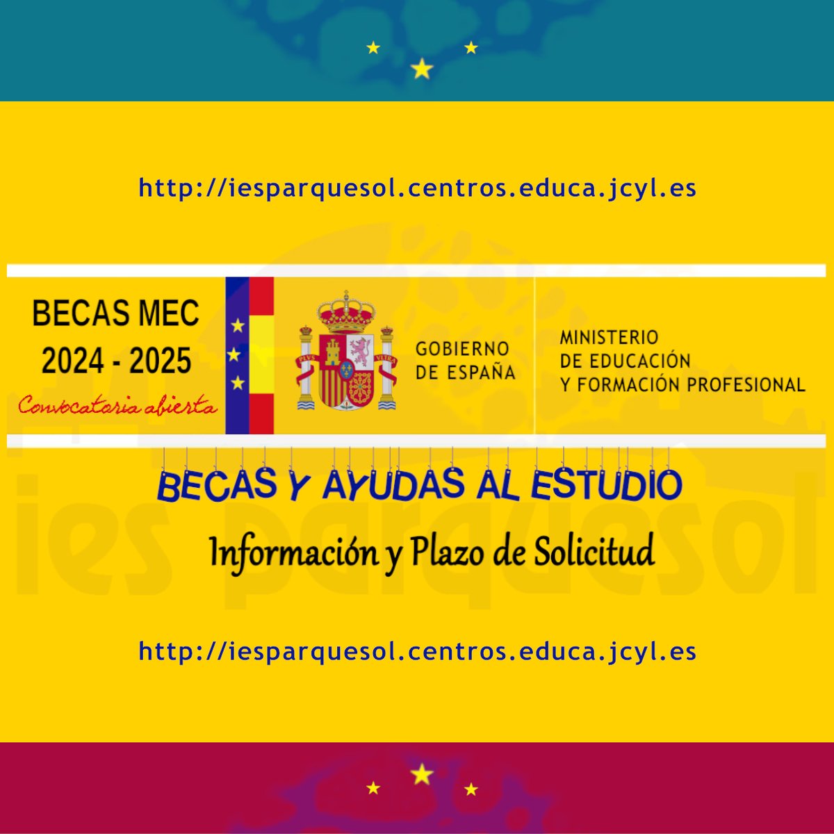 Ya está abierto el plazo para solicitar las becas del MEC. Puedes acceder a la información a través de la web del IES Parquesol: iesparquesol.centros.educa.jcyl.es