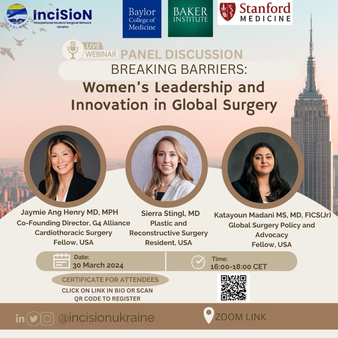 Join us today for: Breaking Barriers - Women's Leadership & Innovation in Global Surgery Featuring @JaymieClaire, @csstingl and @smkaty 🎤 📅 Saturday, March 30, 2024 🕓 16:00-18:00 CET To partake👇🏽 forms.gle/9MeNBjepUM3fFq… #WomenInGlobalSurgery #InciSioNUkraine #WomenLeading