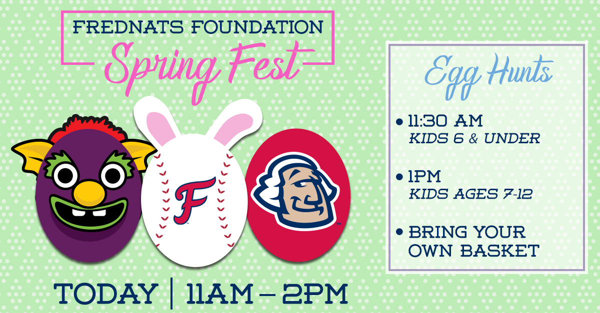 FXBGNats's tweet image. Today&apos;s the day! Join us at the FredNats Foundation Spring Fest! 🐰 🥚 💐

It&apos;ll be an egg-citing afternoon for the whole family.

Hunt for eggs, meet the Easter Bunny, sample concessions &amp;amp; more.

Admission is FREE and parking is $6/car. Proceeds benefit the FredNats Foundation.