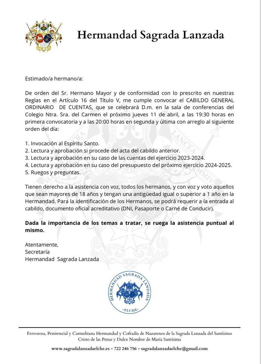 Convocatoria a Cabildo General de Hermanos.
