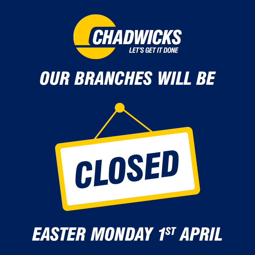 We will be closed on Monday 1st of April. All branches will re-open as normal on Tuesday the 2nd. But don't worry, you can still get it done online 👉🔗 ow.ly/zcLs50R4Puh Wishing you a very happy Easter weekend from all at Chadwicks!🐰 #Chadwicks #LetsGetItDone