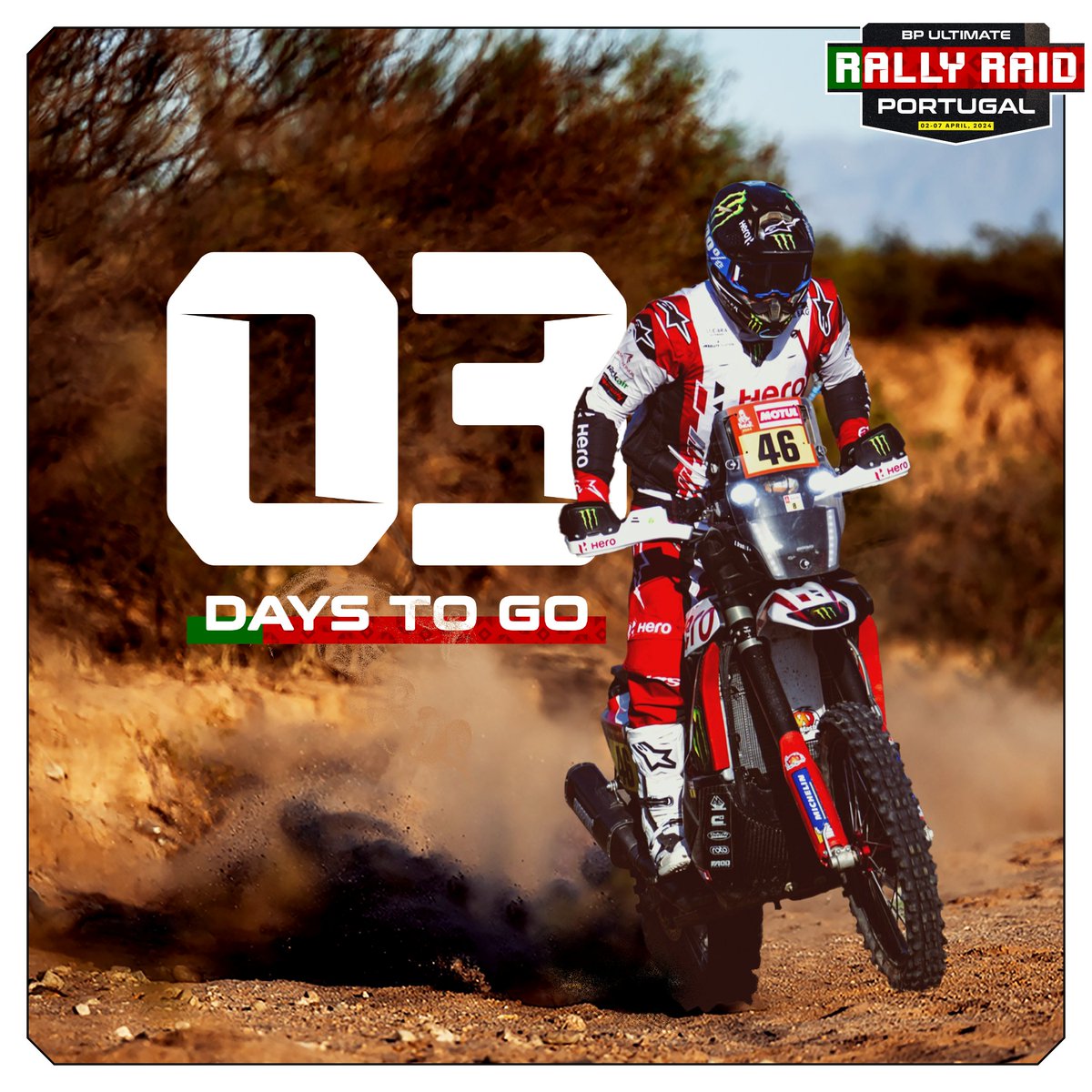Just 3 more days to go! Brace yourself for heart-pounding action and breathtaking landscapes that will ignite your sense🔥 #RaceTheLimits #RallyRaidPortugal @OfficialW2RC @HeroMotoCorp @MonsterEnergy #racing #rallyracing #heromotosports #motorsport #offroading #offroadracing