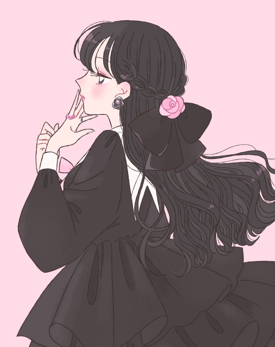 1girl solo long hair blush simple background black hair long sleeves  illustration images