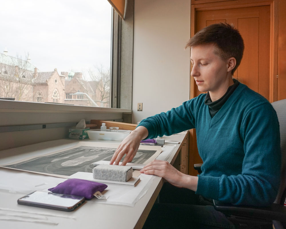 A warm welcome to Billie Malès, Postgraduate Research Associate in paper conservation at the YCBA! Join Billie for a conversation about caring for the museum’s fragile moveable books on April 17: bit.ly/3IXsKp6 📸: Billie Malès, photo by #YCBA staff #YaleBritishArt