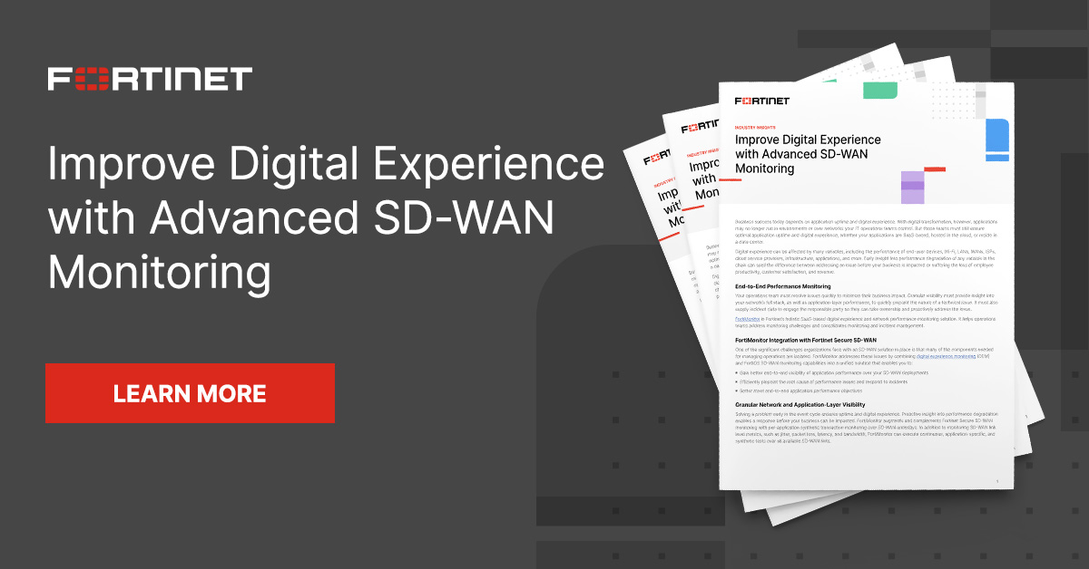 NaderAbdulrahma's tweet photo. Using point solutions for #SDWAN in a distributed network can lead to blind spots.

Learn how @Fortinet #FortiMonitor solves this by offering comprehensive end-to-end performance monitoring from a single platform with multiple vantage points: https://t.co/IN07sxiKh6 https://t.co/AbSae91UzJ