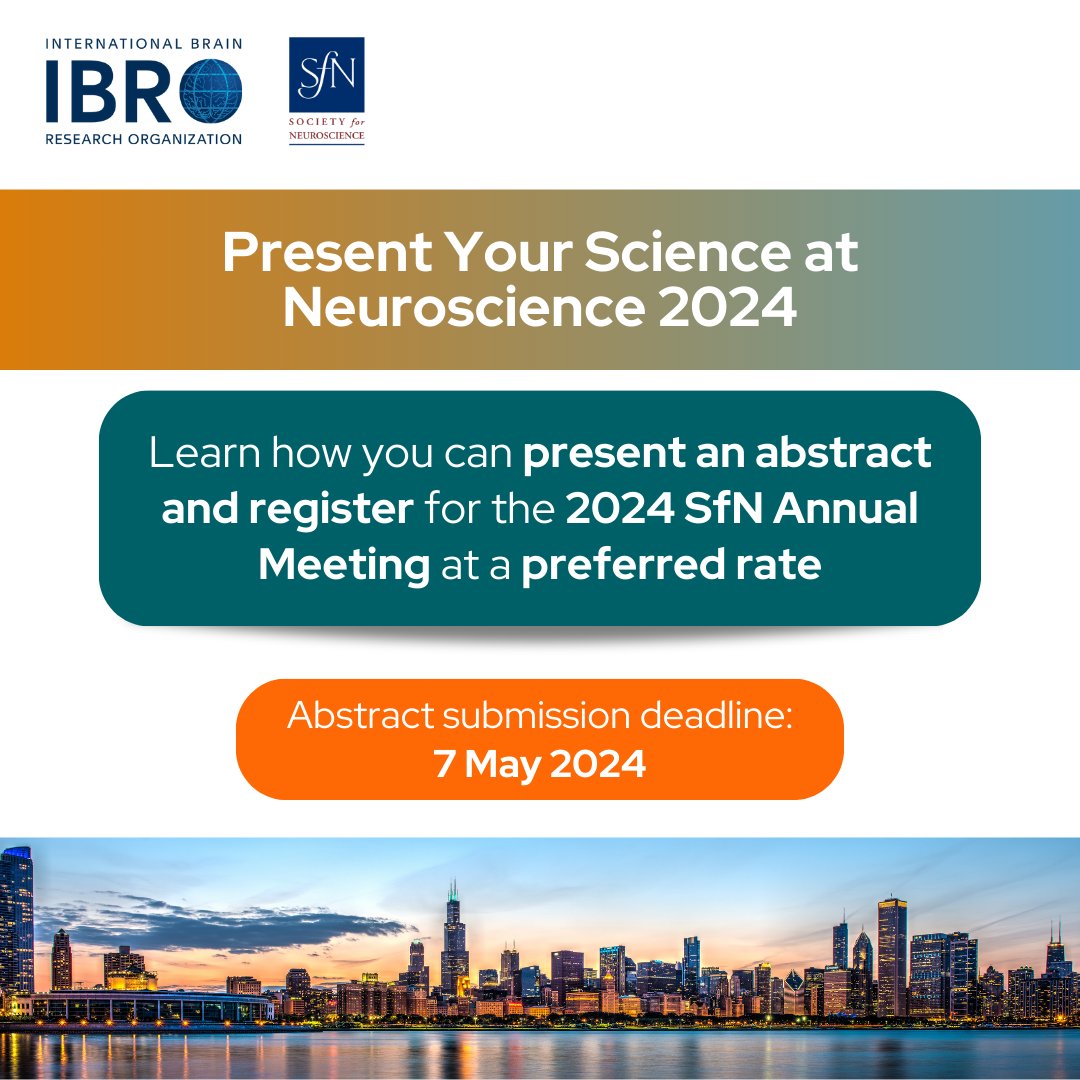 IBRO - International Brain Research Organization (@ibroorg) on Twitter photo Are you planning to attend #SfN2024? If you're based in Africa, Asia-Pacific, Latin America or the Caribbean you can register for an ISM slot with IBRO to submit an abstract & register for #SfN2024 at SfN member rates!
+ info: ow.ly/XfuY50QZLec
<a href="/SfNtweets/">Society for Neuroscience (SfN)</a> #Neuroscience2024 Are you planning to attend #SfN2024? If you're based in Africa, Asia-Pacific, Latin America or the Caribbean you can register for an ISM slot with IBRO to submit an abstract & register for #SfN2024 at SfN member rates!
+ info: ow.ly/XfuY50QZLec
<a href="/SfNtweets/">Society for Neuroscience (SfN)</a> #Neuroscience2024