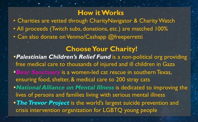 Monthly Donation Stream is back this Sunday, 31 MAR from 5-9pm US EST! 

I'll match all monthly Twitch funds &amp; donations 100% so vote for your charity here: tinyurl.com/saltyCPT

Can also donate via venmo/cashapp @freeperretti