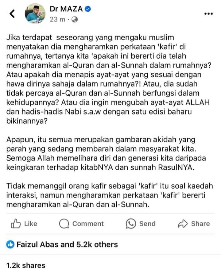 Ada 525 perkataan kafir dalam Al-Quran, malah ada Surah al-Kafirun dan perkataan kafirun juga disebut dalam takbir raya. 

Surah al-Kafirun dengan jelas menyatakan tidak ada tolak ansur dan kompromi untuk mencampuradukkan ajaran agama, terutama dalam soal akidah dan ibadah dengan