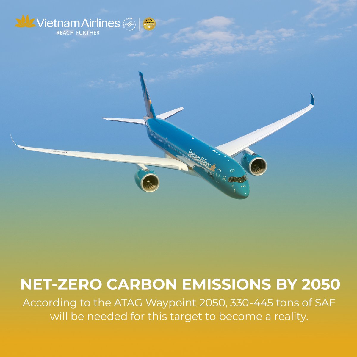 ✈ The global aviation industry is striving towards the goal of achieving Net-Zero Carbon emissions by 2050. 🌎 To make this goal a reality, approximately 330-445 tons of Sustainable Aviation Fuel (SAF) will be needed. #VietnamAirlines