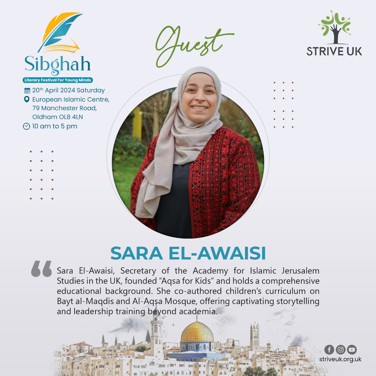 🎉 Join us at #Sibgah24 for an enchanting literary journey! ✨ Excited to welcome Sara El-Awaisi, Secretary of ISRA UK & founder of 'Aqsa for Kids'. Don't miss her captivating storytelling! Register now: bit.ly/sibgah24 #KidsLitFest #SaraElAwaisi