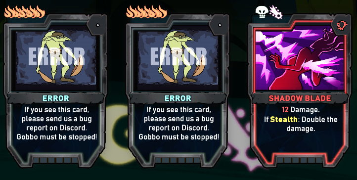 For #screenshotsaturday I'm Introducing Gobbo, the bug-finding Goblin.

If an error happens with a card or an item, it produces a Gobbo, that tells players to report it in our discord! 

Help us stop all Gobbos in our demo: store.steampowered.com/app/1880150/Re… 

#indiedev