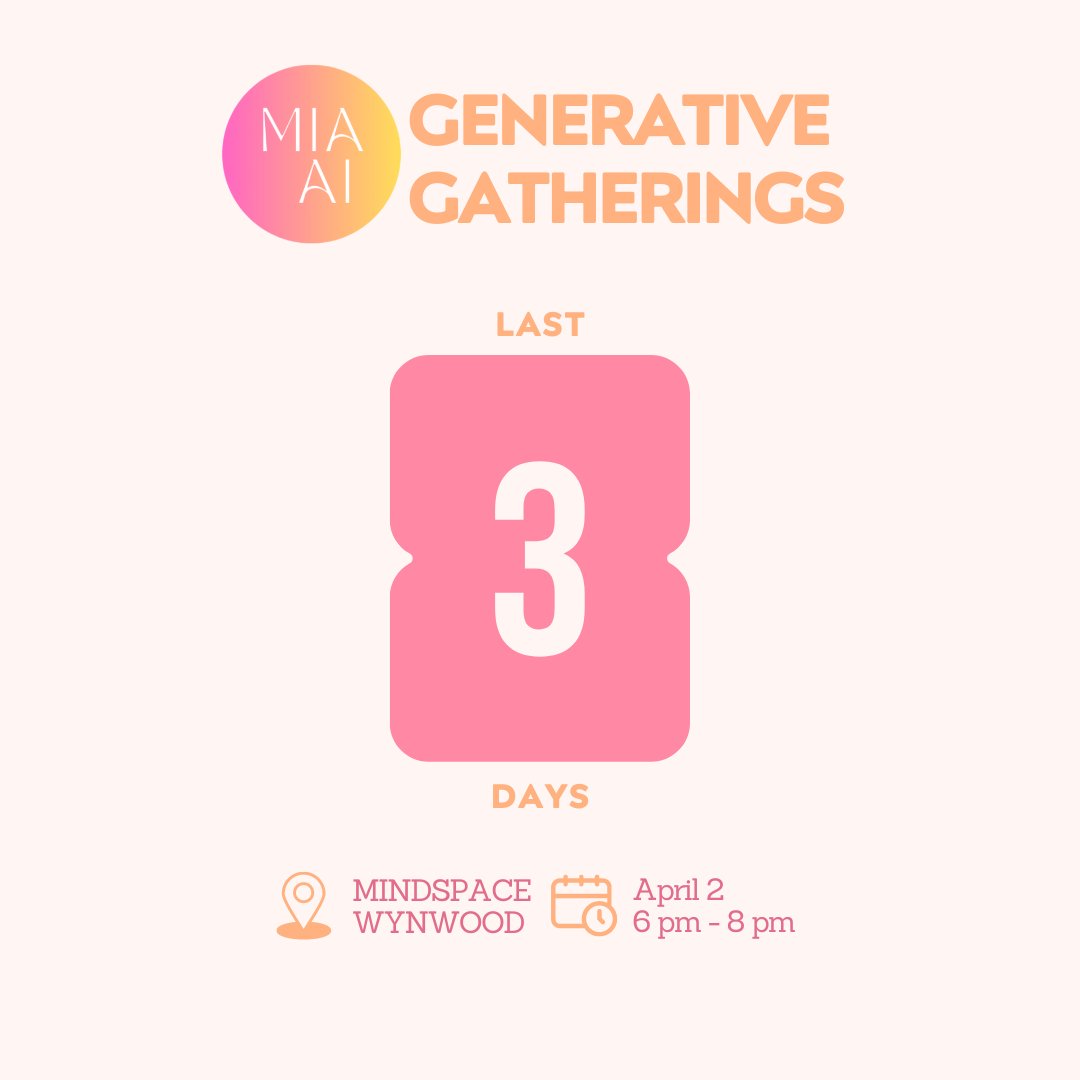 3 DAYS LEFT TO @miamiaihub GENERATIVE GATHERINGS! Register now to see @MykoData and @PrescientAI's demo, learn from their founders, and learn the latest AI insights from the Microsoft AI MVP @NoelleRussell_ Register now! 🔗: lu.ma/rmrcywrr
