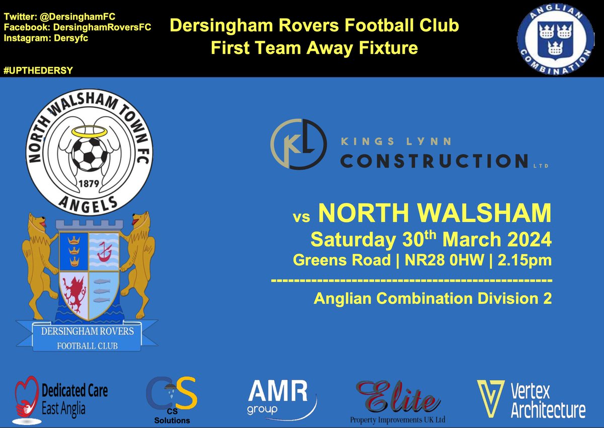 The first team are back on the road as we face North Walsham Town in Division 2 action Promotion battle is really heating up, vital 3 points needed #upthedersy 💙💛🖤