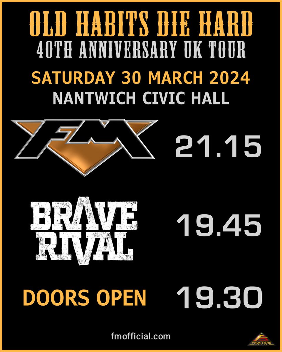 Here's your stage times for tonight @NantwichCivic . See you there if you're coming along! Doors open : 19.30h @BraveRivalBand : 19.45h FM: 21.15h @nantwichjazz #FMlive #oldhabitsdiehard #40thAnniversaryTour #ontour #nantwichjazz #nantwich #livemusic