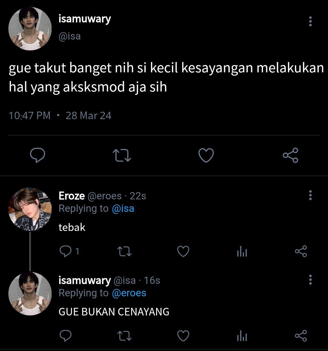 geminifourth fourthgemini five tweets au

— ssg (suka-suka Gege)

Gege udah rindu sentuhan Isa yang lima hari jadi bang Toyib, alias kagak pulang-pulang.