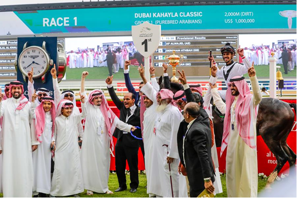 What a moment. 🙌 TILAL AL KHALEDIAH and Adel Alfouraidi return to the Meydan winners' enclosure after landing the G1 Dubai Kahayla Classic. A #TheSaudiCup #DWC double! 📸 @RacingDubai