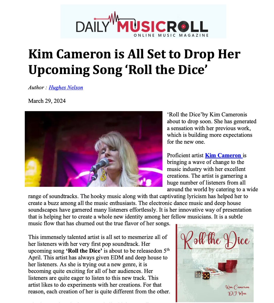I would love to meet this reporter Hughes Nelson....he makes me sound so great 💗. (dailymusicroll.com/entertainment/…) @dailymusicroll 

#newrelease #rollthedice #coming #kimcameron #newmusic #releasing #musicmaker #singer #songwriter
