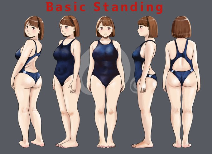 ヒカル先生のポーズカタログイラスト
基本の立ちポーズ①～⑤

#今月描いた絵を晒そう 
裸⏩水着着用バージョンに修正しました(疲れたyo~
😱) 