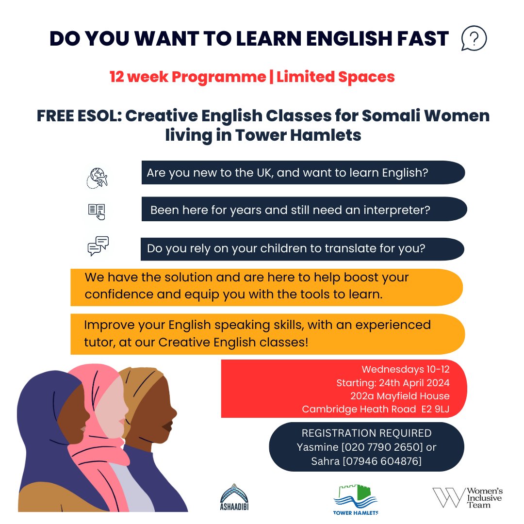 Improve your English with our Creative English Classes for Somali Women living in Tower Hamlets. Join the sessions on Wednesdays by registering 020 7790 2650 / 07946 604 876 #Ashaadibi #Towerhamlets #Learning #Englishlessons #Somali