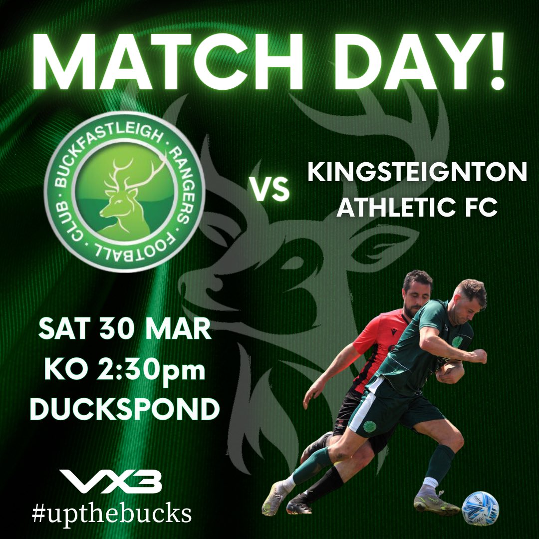 Match day! This afternoon we’re in league action against <a href="/KAFCtherams/">KingsteigntonFC</a>

🆚 - Kingsteignton Athletic 
📆 - 30th March
⏰ - 2:30pm
📍- Duckspond
⚽️ - South Devon Football League

#UpTheBucks 💚🦌