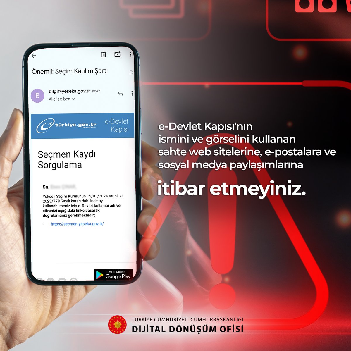 ⚠️ e-Devlet Kapısı İsmi Kullanılarak Yapılan Oltalama Saldırılarına Dikkat! Son günlerde sosyal medya platformları ve e-posta hesapları üzerinden e-Devlet Kapısı'nın ismi ve görseli kullanılarak “Mahalli İdareler Genel Seçimleri” ile ilgili oltalama saldırıları yapılmaktadır.