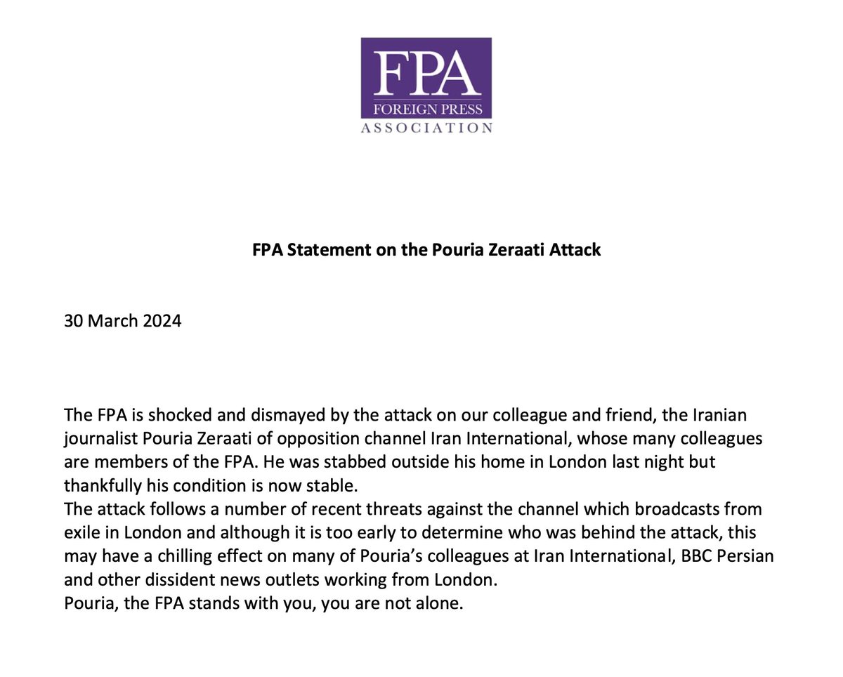 📣📣FPA Statement on the attack against <a href="/pouriazeraati/">Pouria Zeraati</a> of <a href="/IranIntl_En/">Iran International English</a>