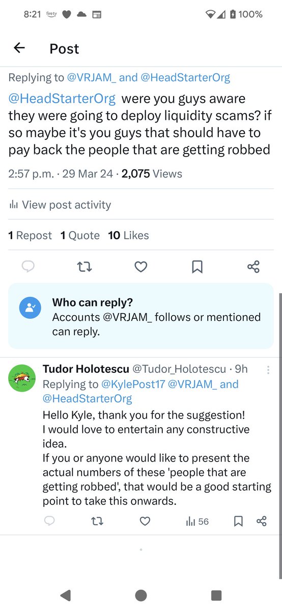 JUST SO YOU KNOW BUYERS BEWARE. LIQUIDITY SCAMMERS. VRJAM ARE DIRTY PLAYERS. They have even blocked me from commenting. even though the community is now well aware of their scam please retweet. @HBAR_foundation @HeadStarterOrg Do something before they scam again