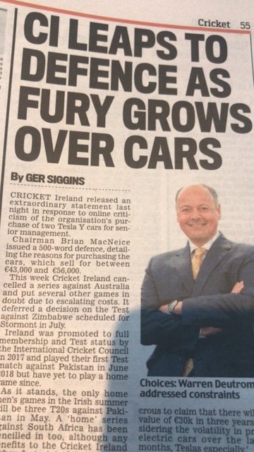 Are Friends Electric? My piece in today's Irish Daily Mail on Cricket Ireland's Tesla troubles