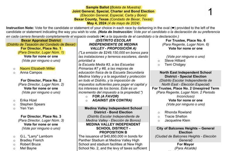 Miller for Bexar County Appraisal District (@vote_naomi) on Twitter photo My name is officially on the #ballot, what an incredible feeling!
The sample ballot for the May 4th Bexar County #election is out, and the Appraisal District Directors seats are at the top!  
Please make a plan to vote early. Visit Miller4BCAD.com for more info. #txlege My name is officially on the #ballot, what an incredible feeling!
The sample ballot for the May 4th Bexar County #election is out, and the Appraisal District Directors seats are at the top!  
Please make a plan to vote early. Visit Miller4BCAD.com for more info. #txlege