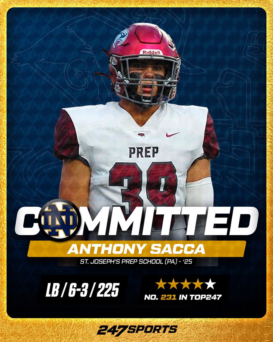 BREAKING: #Top247 linebacker Anthony Sacca commits to #NotreDame. The Fighting Irish beat Alabama, Ohio State, Penn State and others to land his pledge. Story: 247sports.com/college/notre-… @saccaanthony @247Sports / @irishillustratd