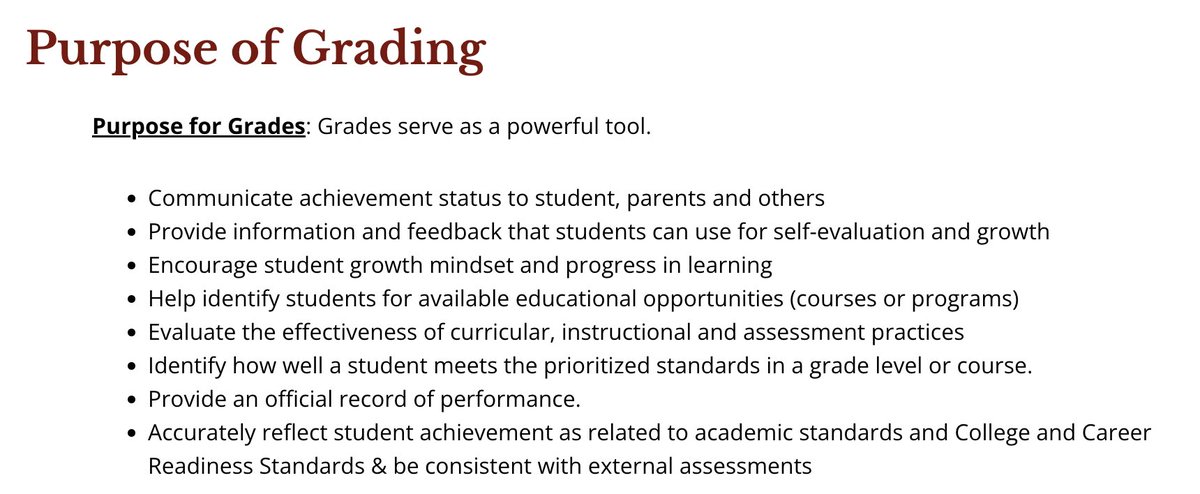 Great looking grading purpose statement from Norfolk Public Schools. 8 specific purposes that clarify the meaning & intended use of grades to stakeholders. The common element in each purpose: student learning 🙌💯👌👍🫡