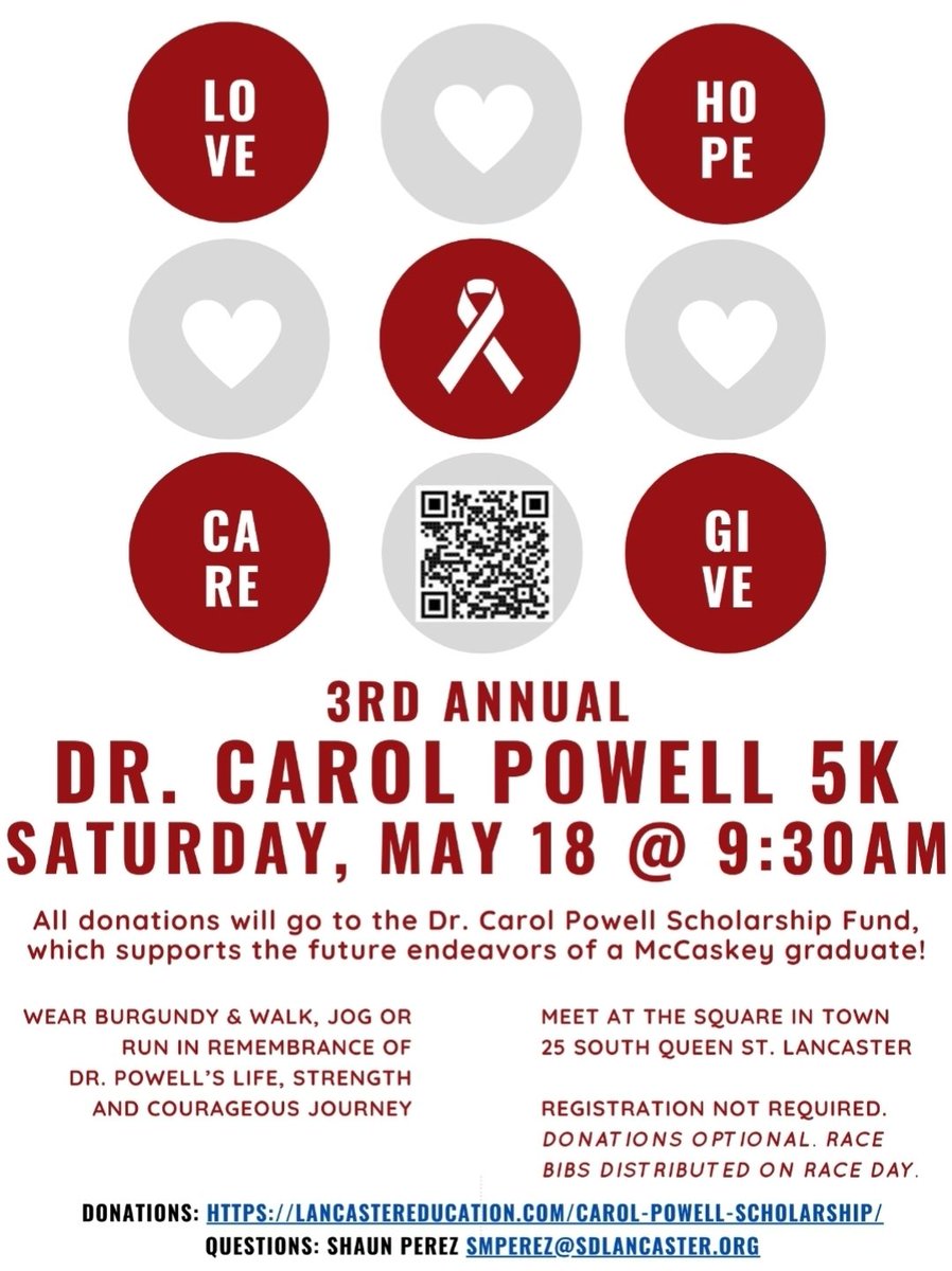 ♥️SAVE THE DATE♥️ 3rd Annual Dr. Powell 5K May 18➡️930am Registration not required; donations optional Help us raise💲to continue Dr. Powell's scholarship, which supports a @McCaskeyHS graduate pusuing a career in education each year 🌪 @SDoLancaster @BurrowesSDOL @SDoLPreK