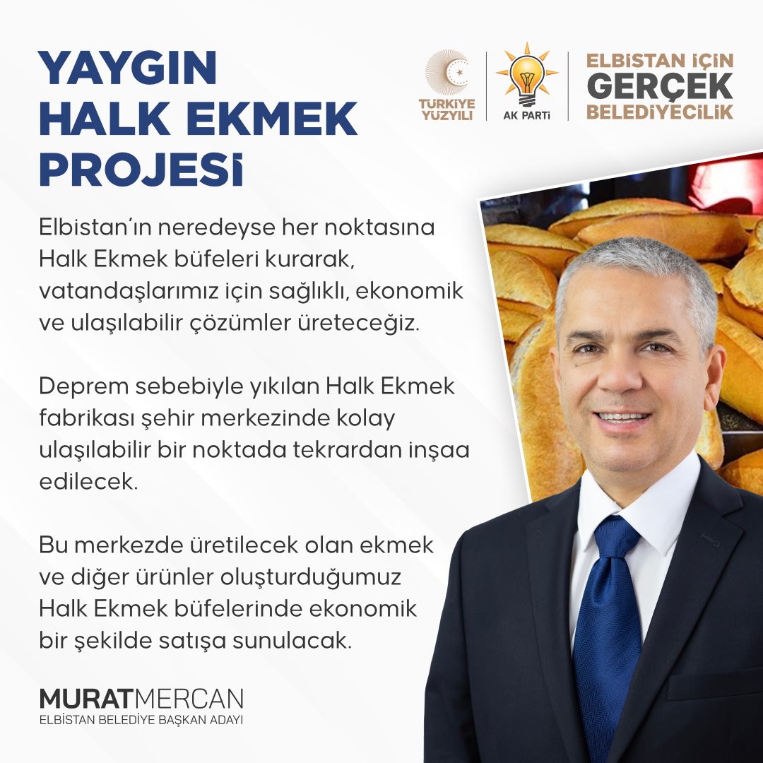 Elbistan’ ın neredeyse her noktasına Halk Ekmek büfeleri kurarak, vatandaşlarımız için sağlıklı, ekonomik ve ulaşılabilir çözümler üreteceğiz.

#GerçekBelediyecilik için #HazırızKararlıyız