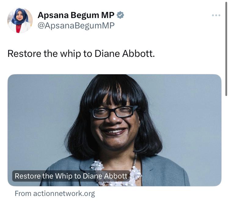 Poplar & Limehouse's @ApsanaBegumMP showing her support for the campaign to #RestoreTheWhip to a fellow consistent voice against austerity in @HackneyAbbott- you can add your signature to the petition here: actionnetwork.org/petitions/rest…