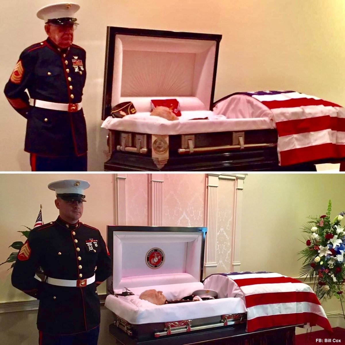 @Motabhai012 This is the picture (top) of my 83 year old dad, MSgt William H. Cox, USMC Ret. standing watch over his brother Marine, First Sergeant James T. Hollingsworth, USMC Ret. The post went viral on the internet. The bottom picture is of Sgt Christopher Rogers standing watch over dad.