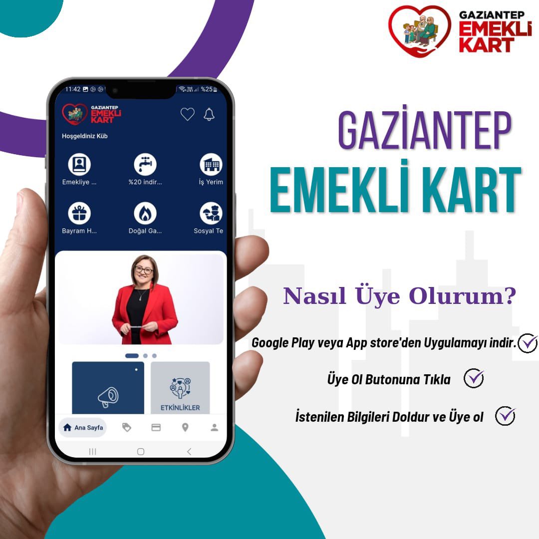 Gaziantep Emekli Kart! Emekli Gaziantepliler için bir çok imkan sağlayan Emekli Kart Mobil Uygulamasını (Google Play - AppStore) telefonunuza indirerek kayıt olabilirsiniz.