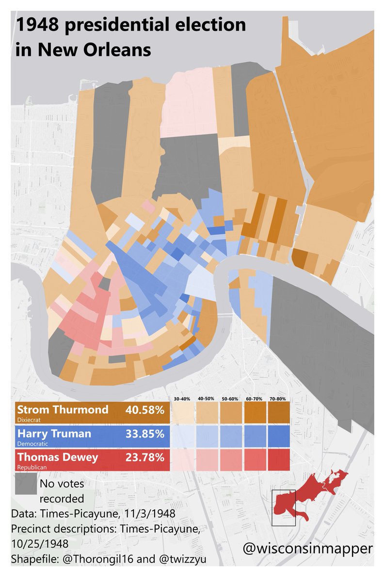 Behold, the 1948 presidential election in New Orleans. Thurmond beat Truman in most of the city, but only got majorities in a few areas. Dewey only got 23% of the city vote but won big in the wealthy neighborhood of Audubon. Eleven precincts hadn't reported any votes yet.