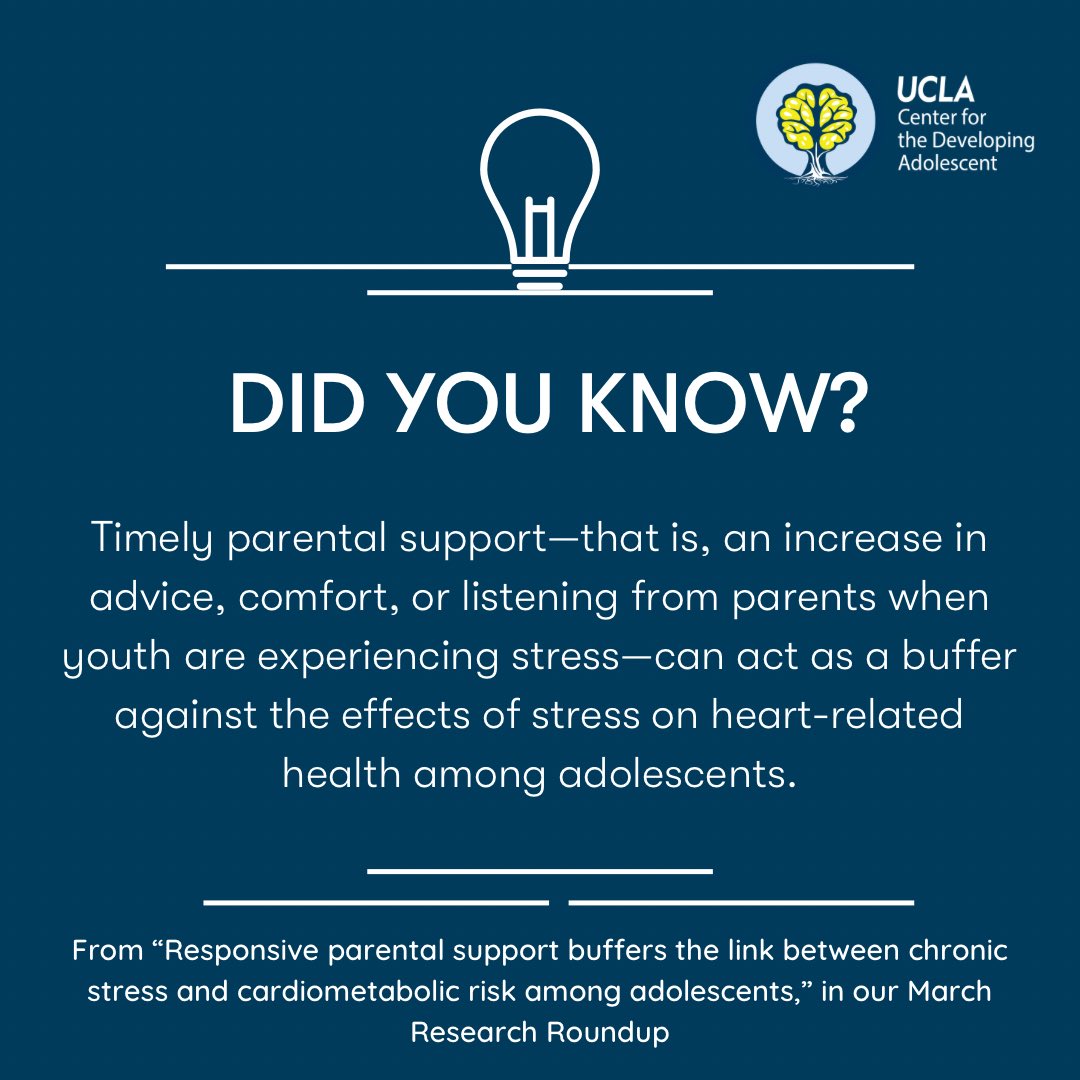 A new study from Phoebe Lam and colleagues shows that timely parental support can help to reduce the negative physical impact of chronic stress on youth. To learn more about this study and other recent research, check out our March Research Roundup: developingadolescent.semel.ucla.edu/topics/item/ma…