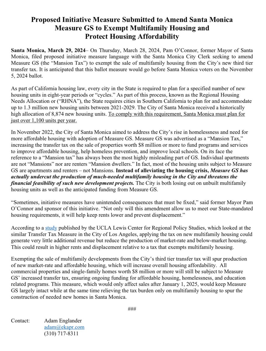 Huge news! 

Yesterday, an initiative was launched to remove Multifamily properties from the “mansion tax” in the City of Santa Monica. 

The measure is aimed at stimulating much needed housing production.

Spread the word, and City of LA should be next!