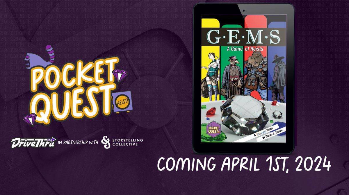 Marco A. Torres (@monarcwriter) on Twitter photo <a href="/DriveThruRPG/">DriveThruRPG</a> is running the #PocketQuest2024 game jam, this year with the theme of “heists”. The games release on April 1st!
My entry is GEMS, a collaborative ttrpg with lots of tactical customization and randomized heists generated by a deck of cards. <a href="/DriveThruRPG/">DriveThruRPG</a> is running the #PocketQuest2024 game jam, this year with the theme of “heists”. The games release on April 1st!
My entry is GEMS, a collaborative ttrpg with lots of tactical customization and randomized heists generated by a deck of cards.