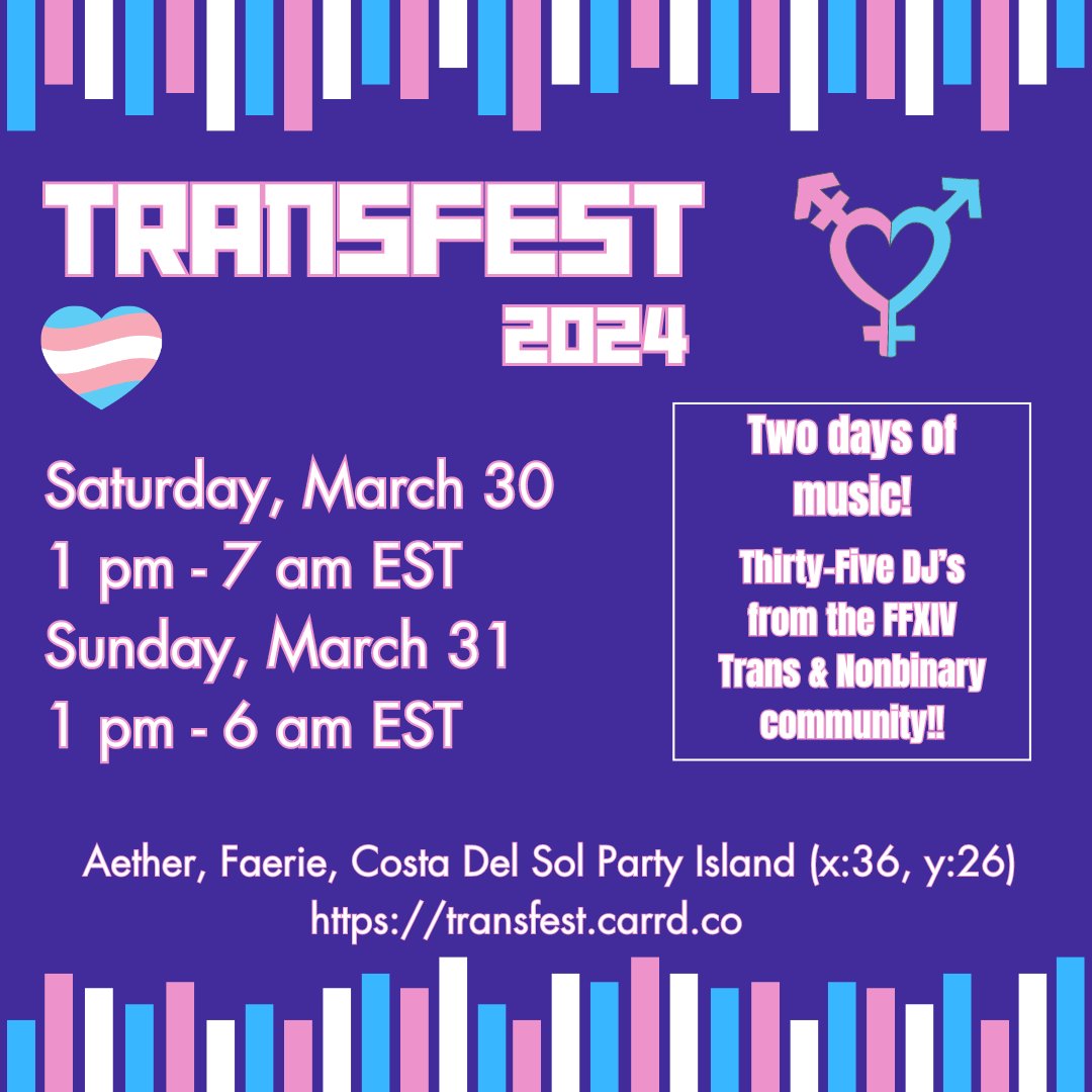 HAPPY TRANS DAY OF VISIBILITY EVE 🏳️‍⚧️🏳️‍⚧️🏳️‍⚧️!!! Trans Fest has officially kicked off with @two_pointzero opening with those dancey vibes! Come wiggle your butts with us!!

🌈 I'm live at 4pm EST, see you all there

Aether | Faerie | Costa Del Sol (x36, y26) 

twitch.tv/tw0p0intzer0