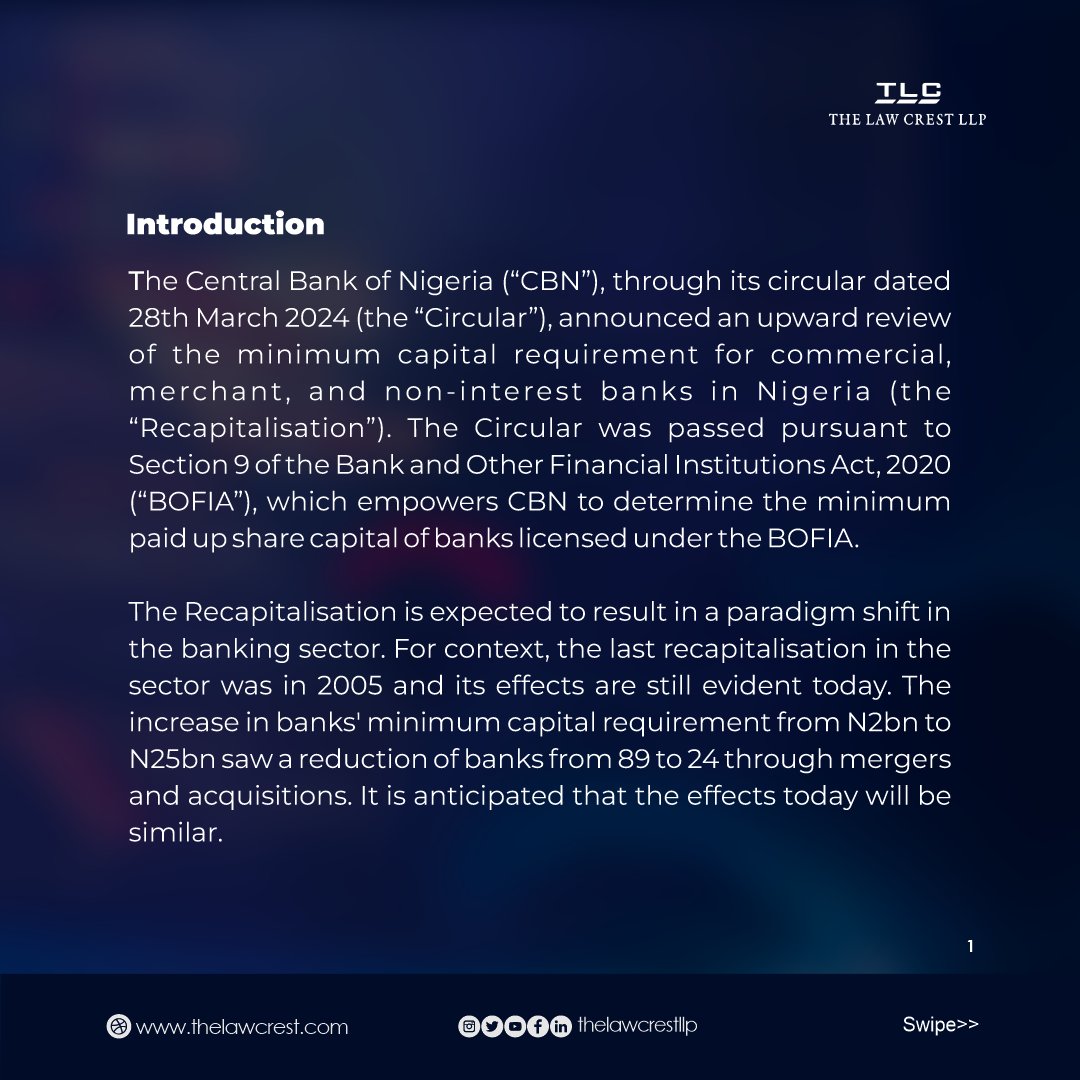 TheLawCrestLLP's tweet photo. On the 28th of March 2024, the CBN announced through a circular an upward review of the minimum capital requirement for commercial, merchant and non-interest banks in Nigeria (the "Recapitalisation"). https://t.co/WeuWHwxfB8