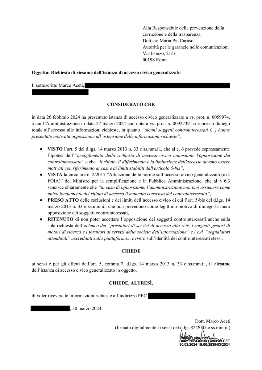 realMarcoBuster's tweet photo. Avendo anche io ricevuto la stessa risposta al mio FOIA, come da normativa ho oggi inoltrato una istanza di riesame al RPCT di AGCOM.

#Trasparenza significa anche conoscere tutto quello che c'è dietro a #PiracyShield, una pericolosa porta verso la censura. https://t.co/31TcOb4AGT