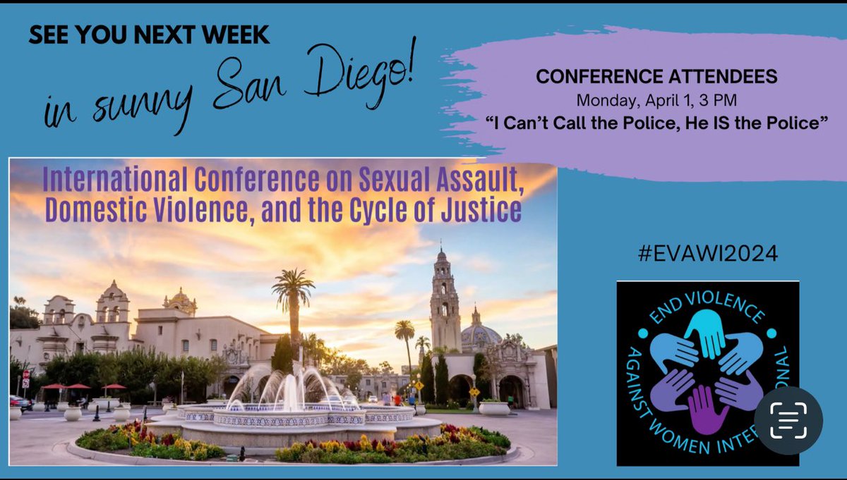 TracyRector1's tweet image. San Diego, here we come! Presenting at #evawi2024 conference on #oidv. Come here Lt. Mark Wynn, leading national expert, and I unpack this difficult &amp;amp; complex issue of #domesticviolence. Monday afternoon.