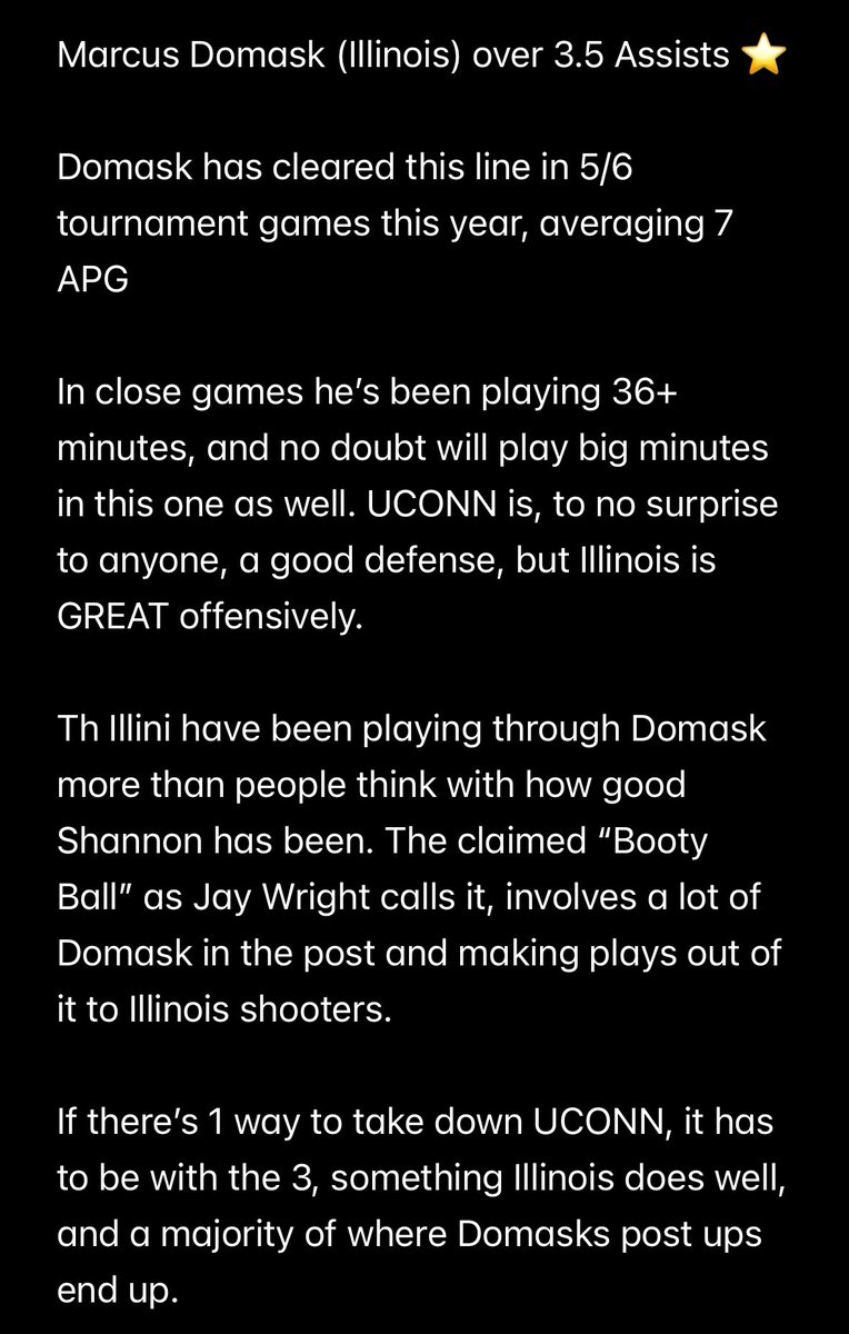 Marcus Domask over 3.5 Assists ⭐️

Taking Booty Ball to dish it out to the shooters for Illinois tonight 🍑

Explanation Posted Below ⬇️

42-20 on the year 📊

#FreeBets #GamblingX #GamblingTwitter #CBBProps
