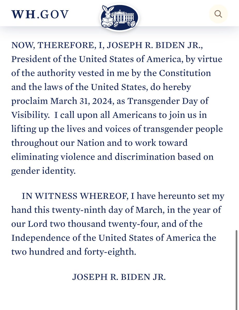 The Biden Administration is marking Easter Sunday with a “Transgender Day of Visibility.” This is not a coincidence. It’s clear this Administration has so much contempt for Christians & people of faith — what a slap in the face.