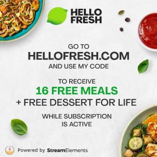 Today's stream is #sponsored by @HelloFresh I’ll be cooking a delicious meal and reviewing it with you! Come say Hi! Get 16 free meals and free dessert here: strms.net/hellofresh_mel…